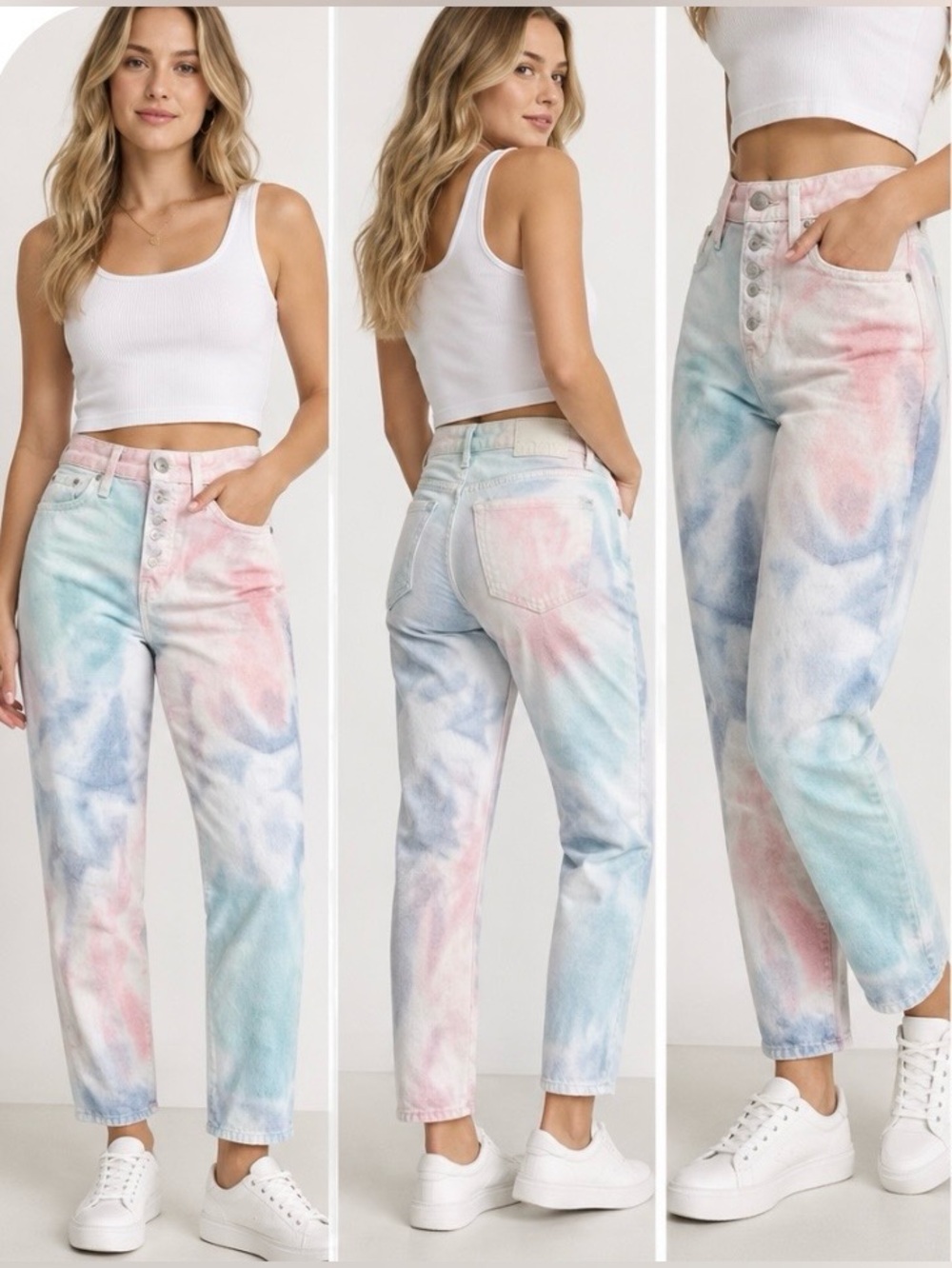 Mavi Lila High Rise Mom Jeans Pastel Pink Blue Tie Dye Button Fly